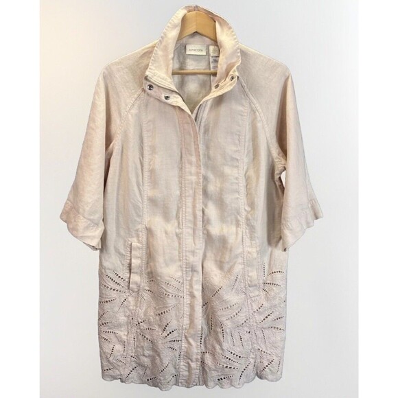 Chicos Linen Zip Up Jacket M Pink Eyelet 3/4 Sleeve Tunic Pockets Lagenlook‎ - Picture 2 of 16